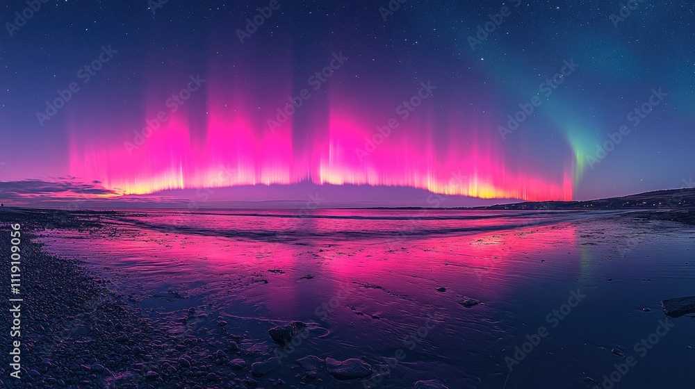 Pink Aurora Borealis Reflecting on a Coastal Beach Pink Aurora Borealis Reflecting on a Coastal Beach