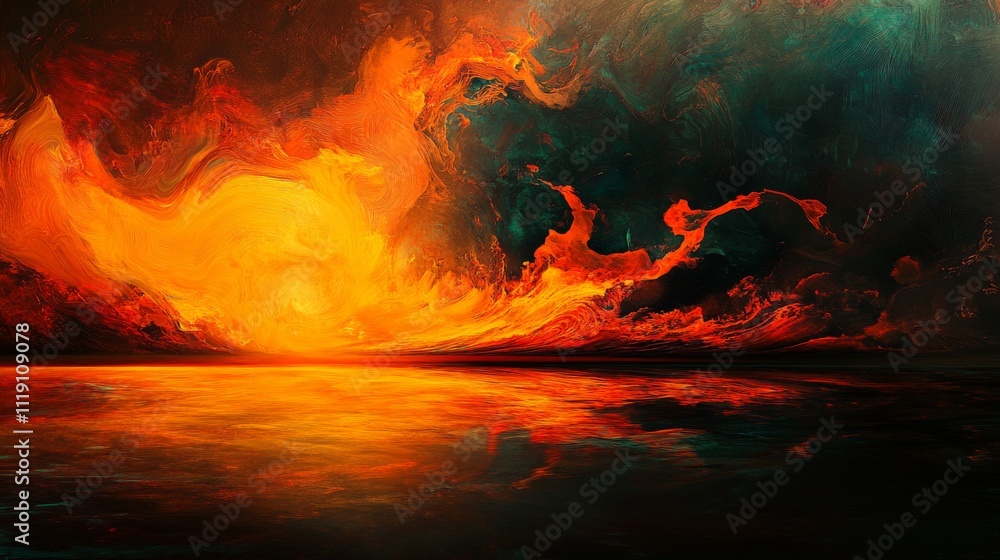 Fototapeta premium Vibrant Abstract Sunset Over Calm Water with Fiery Clouds and Colors