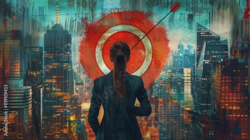 Visualize a businesswoman holding a target icon, with a cityscape background, representing urban development and growth