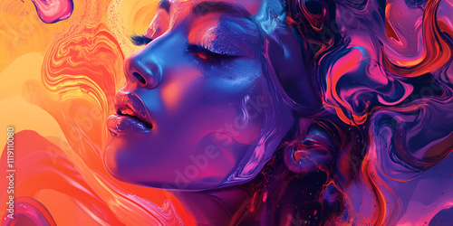 Liquid Dreams: A woman's face is rendered in vibrant, iridescent hues, seemingly melting into a swirling, abstract background of liquid colors. The image evokes a sense of surreal beauty and fluidity.