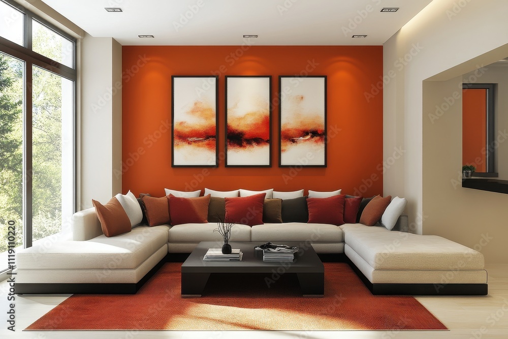 Modern sectional sofa in orange room. Ideal for interior design, home decor, and real estate websites. Modern sectional sofa in orange room. Ideal for interior design, home decor, and real estate websites.