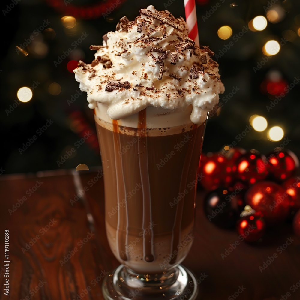 Festive hot chocolate with whipped cream and chocolate shavings. Festive hot chocolate with whipped cream and chocolate shavings.