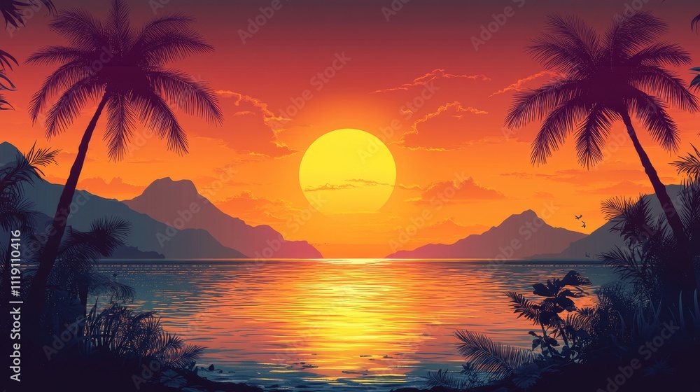 Obraz premium Tropical Sunset Over Calm Ocean With Palm Trees