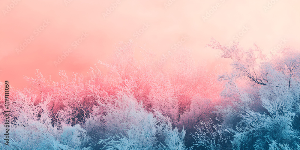 Fototapeta premium Winter Wonderland: Frost-kissed branches bathed in a dreamy, pastel sunrise. A serene winter landscape, perfect for evoking feelings of peace and tranquility.