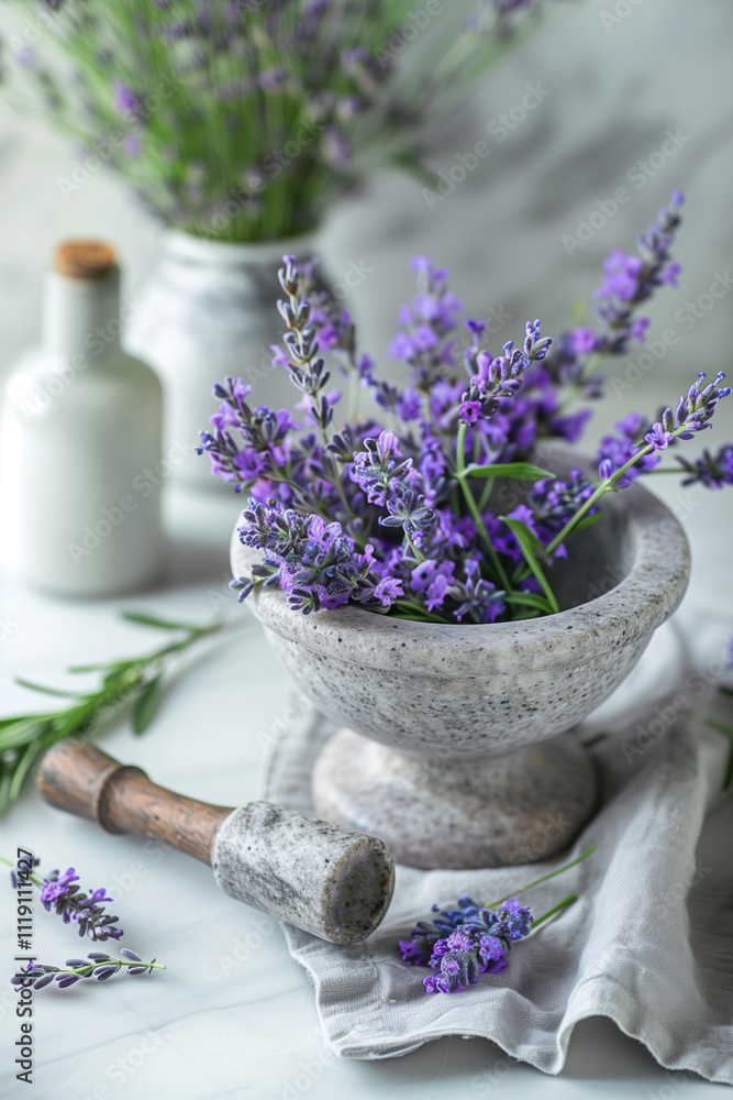 Organic lavender flowers in mortar for natural beauty product ingredients Organic lavender flowers in mortar for natural beauty product ingredients