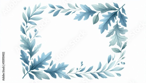 Blue Oak Leaf in watercolor illustration with loose and fluid forms, corner border decoration,