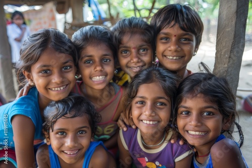 Portrait of group of happy indian kids smiling at camera.