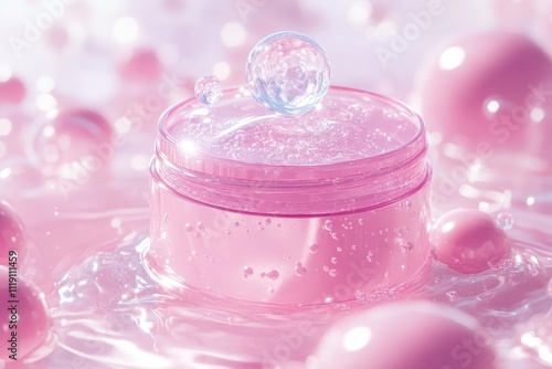 Pink gel cream in jar, bubbles floating. Perfect for beauty, skincare, and cosmetic ads.