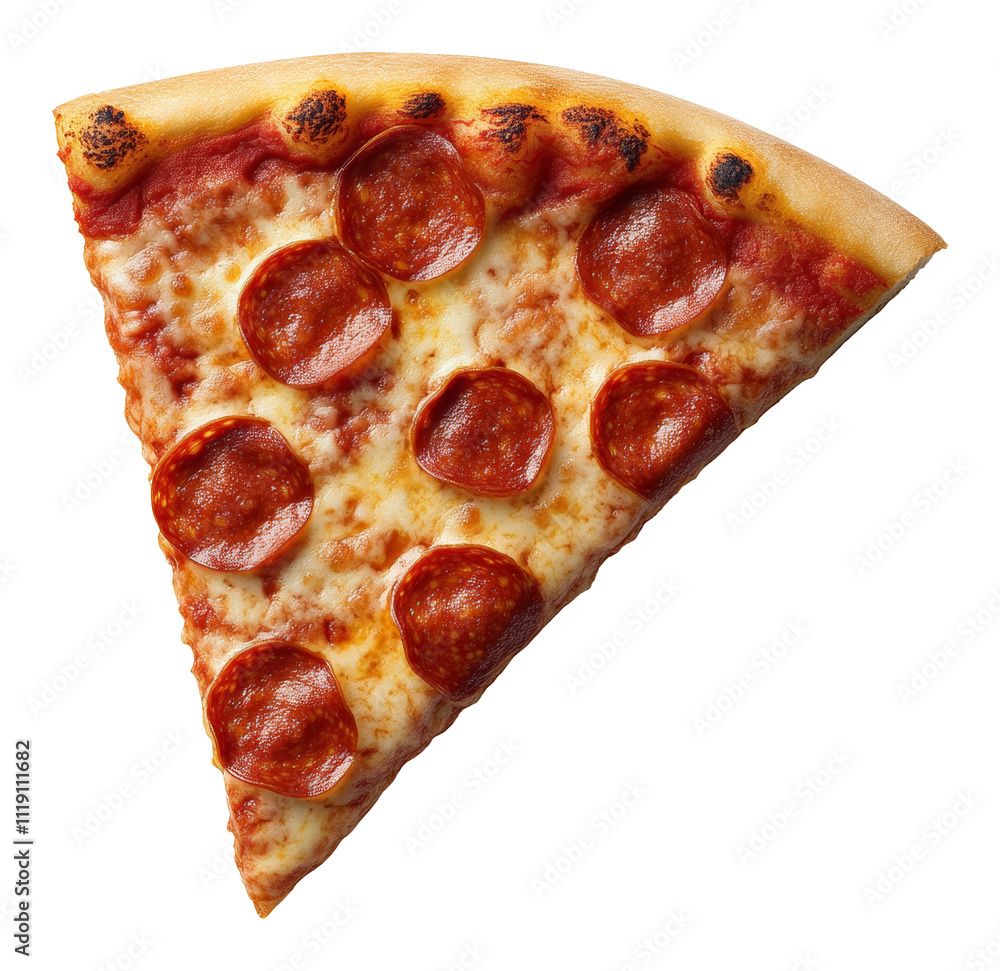 Slice of pepperoni pizza with melted cheese on transparent background, delicious meal concept Slice of pepperoni pizza with melted cheese on transparent background, delicious meal concept