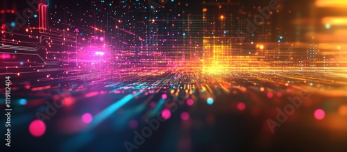 Abstract digital background with glowing lines and particles.