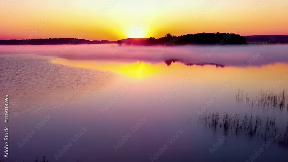 A serene sunrise over a tranquil lake, with soft mist hovering above the water and colorful reflections of the sky on the surface. A serene sunrise over a tranquil lake, with soft mist hovering above the water and colorful reflections of the sky on the surface.