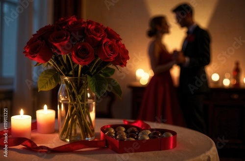 Valentine's Day, a couple in love dancing by candlelight