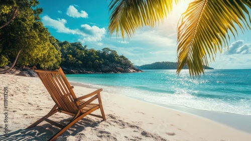 Wooden chair sits on a pristine beach  turquoise water and palm trees in background. Perfect for travel  vacation  relaxation  and summer themes.
