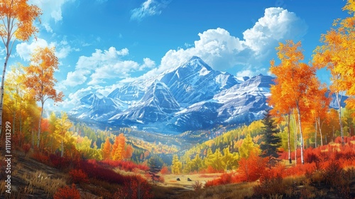 Visualize a stunning autumn vista with a mountain range, vibrant fall colors, and a bright blue sky