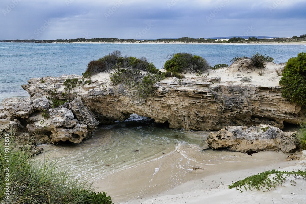 Φωτογραφία Rocky shoreline with lush vegetation near tranquil waters during a cloudy day