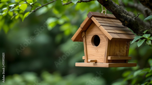 Charming Wooden Birdhouse Hanging in a Tree