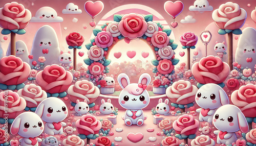 A Playful Pastel Rose Wonderland Featuring Adorable Rabbits and Heart Balloons