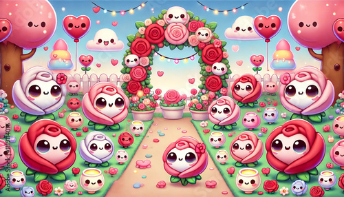 A Charming Valentine Scene with Kawaii Bunnies and a Floral Arch of Pink Roses
