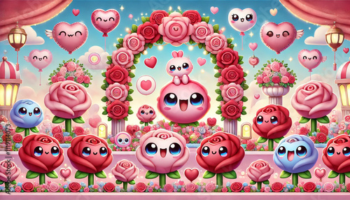 A Fantasy Garden of Love with Cartoon Rabbits, Heart Decor, and Blush-Colored Roses
