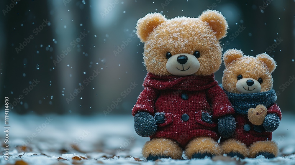 Two Teddy Bears In Winter Snow A Snowy Scene Two Teddy Bears In Winter Snow A Snowy Scene