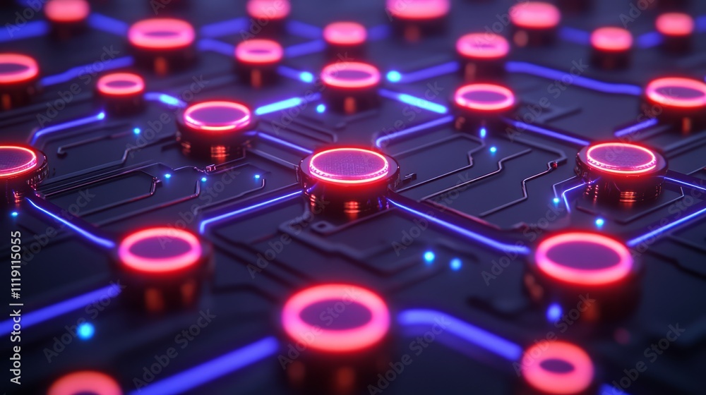 Abstract futuristic digital circuit board with glowing red and blue highlights, representing technology, innovation, and interconnected systems in a modern design Abstract futuristic digital circuit board with glowing red and blue highlights, representing technology, innovation, and interconnected systems in a modern design