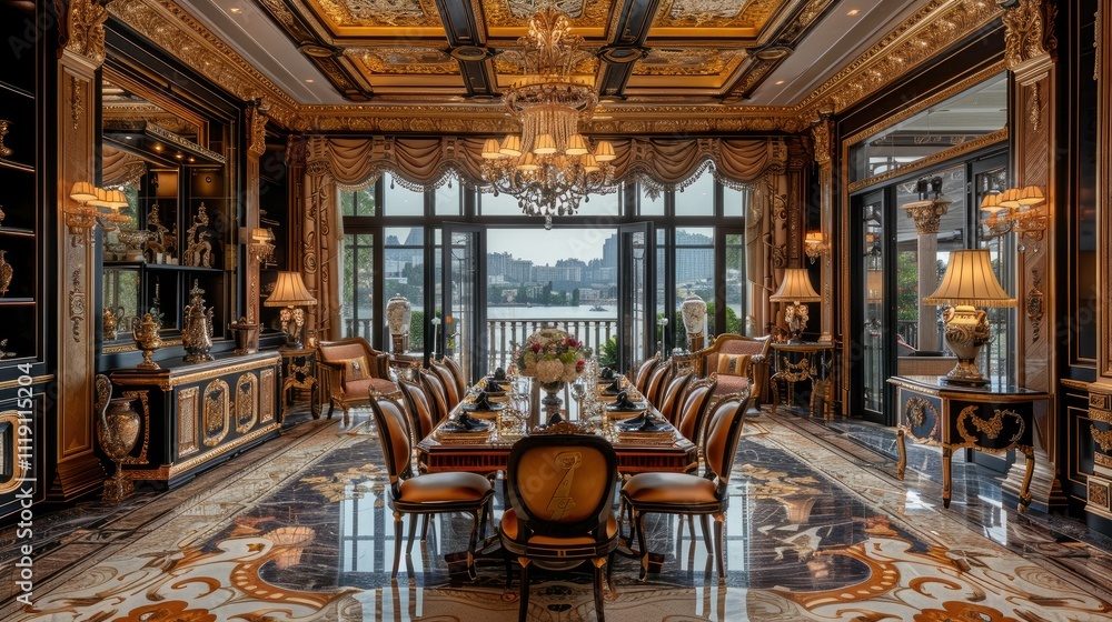 Luxurious dining room with ornate details, large windows offering scenic lake view. Luxurious dining room with ornate details, large windows offering scenic lake view.