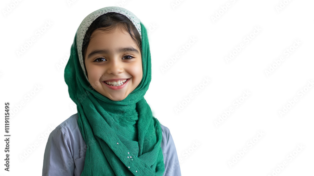 Smiling girl in a green scarf against a plain background. Smiling girl in a green scarf against a plain background.