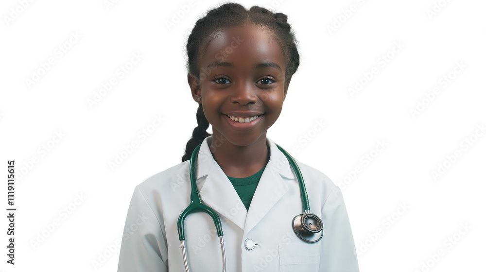 A young girl dressed as a doctor, smiling confidently. A young girl dressed as a doctor, smiling confidently.