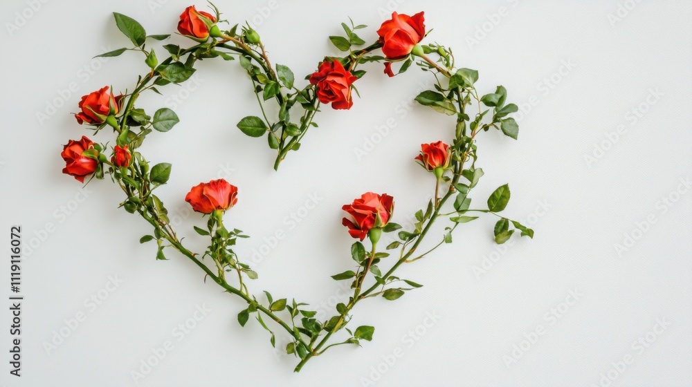 A heart shape created with red roses and green leaves against a light background, symbolizing love and romance. A heart shape created with red roses and green leaves against a light background, symbolizing love and romance.