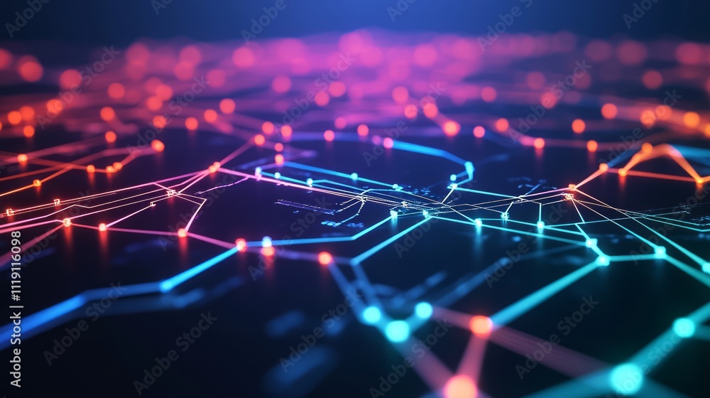Abstract Technology Background with Colorful Neon Lines and Dots Illustrating Network Connections and Data Flow in a Futuristic Digital Space Abstract Technology Background with Colorful Neon Lines and Dots Illustrating Network Connections and Data Flow in a Futuristic Digital Space
