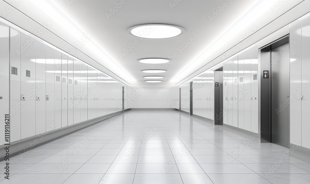 Modern, bright hallway with white walls, tiled floor, and elevator. Modern, bright hallway with white walls, tiled floor, and elevator.