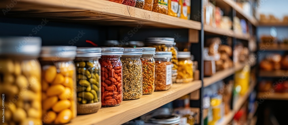 Rows of glass jars filled with various dried food items, neatly arranged on wooden shelves in a grocery store. Rows of glass jars filled with various dried food items, neatly arranged on wooden shelves in a grocery store.