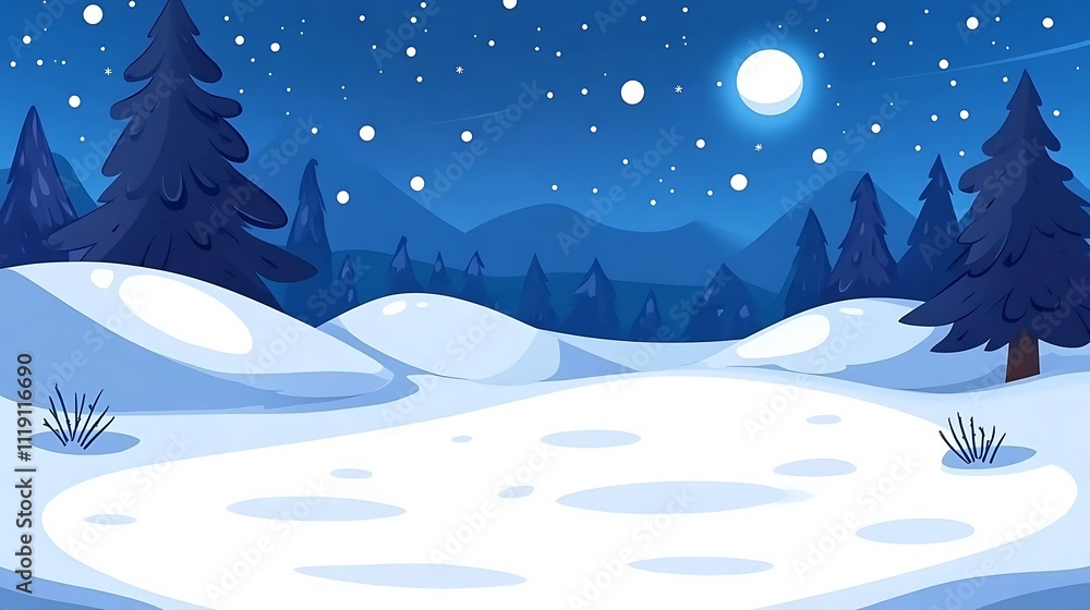 Nighttime Snowy Forest Landscape with Full Moon and Stars Nighttime Snowy Forest Landscape with Full Moon and Stars