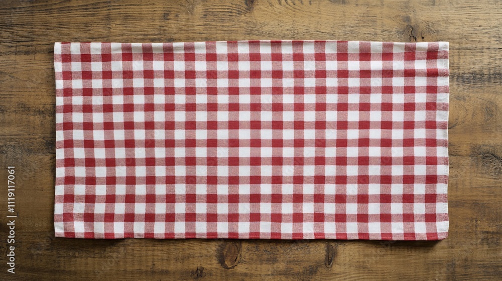 Red and white checkered tablecloth on wooden table. (1) Red and white checkered tablecloth on wooden table. (1)