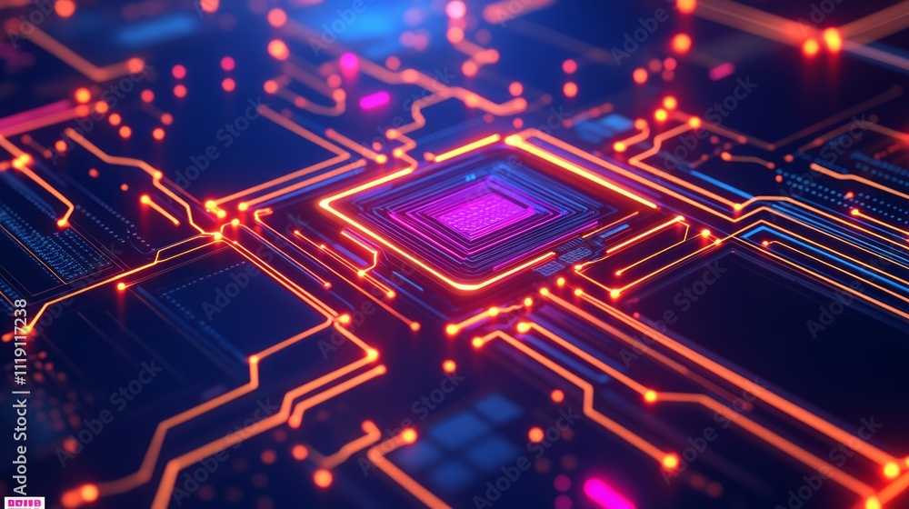 Abstract Futuristic Technology Background with Circuit Board Design Featuring Glowing Lines, Microchip, and Digital Details in Vibrant Colors for Modern Themes Abstract Futuristic Technology Background with Circuit Board Design Featuring Glowing Lines, Microchip, and Digital Details in Vibrant Colors for Modern Themes