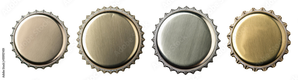 Variety of bottle caps, metallic finish, isolated on white background. Variety of bottle caps, metallic finish, isolated on white background.