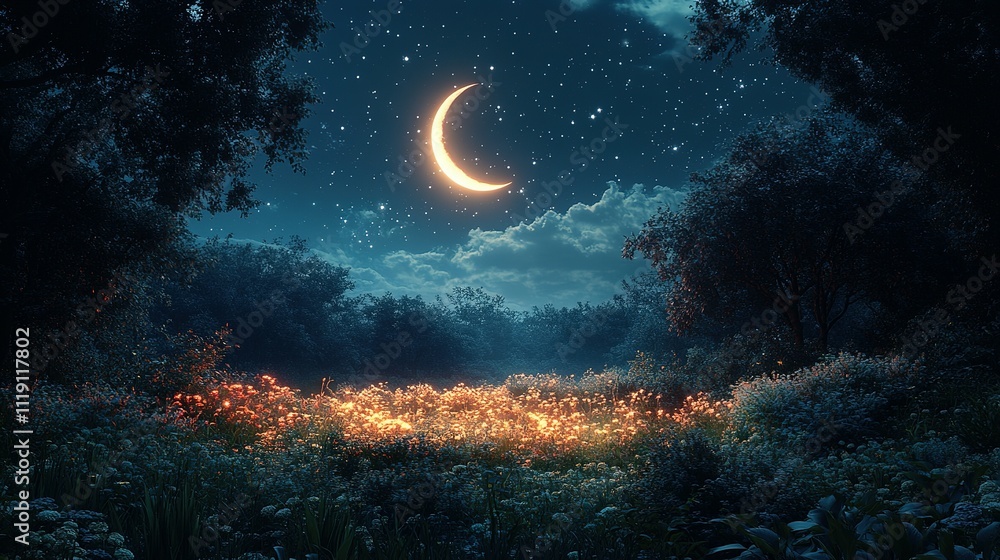 Crescent Moon Illuminates Glowing Flowers In A Dark Forest Crescent Moon Illuminates Glowing Flowers In A Dark Forest