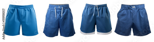 Variety of blue shorts, displayed on white isolated background.