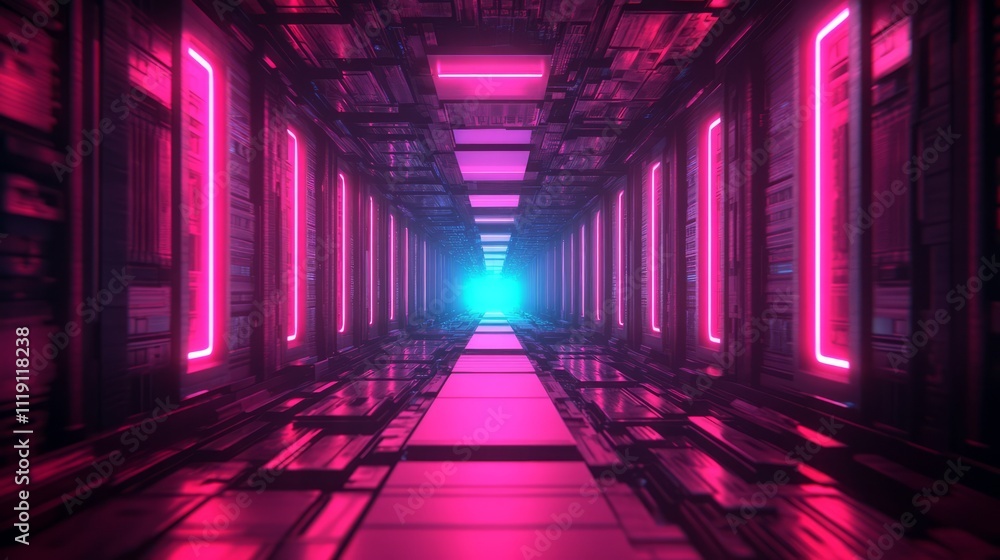 Futuristic Sci-Fi Corridor with Neon Lights and Glowing Effects, Ideal for Conceptual Art, Technology Backgrounds, and Digital Design Projects Futuristic Sci-Fi Corridor with Neon Lights and Glowing Effects, Ideal for Conceptual Art, Technology Backgrounds, and Digital Design Projects