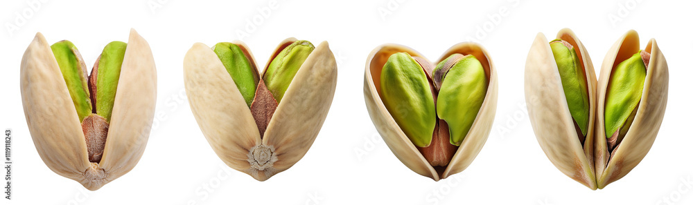 Pistachio nuts in various states on a white isolated background.