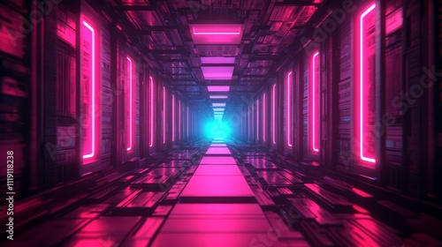 Futuristic Sci-Fi Corridor with Neon Lights and Glowing Effects, Ideal for Conceptual Art, Technology Backgrounds, and Digital Design Projects