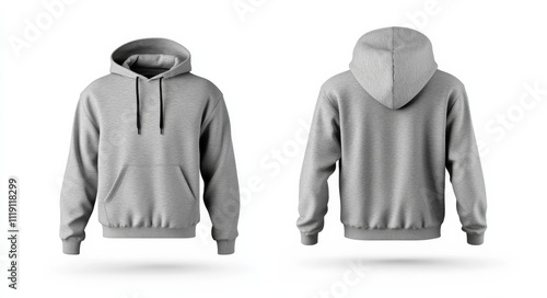 a gray hoodie with front and back views, on a white background for a mockup design template.