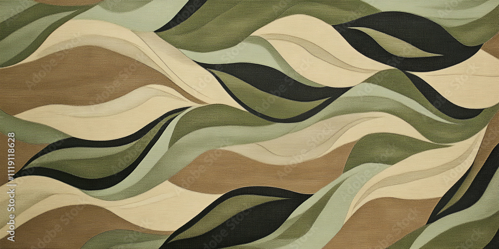 Fotografie Abstract Waves in Olive, Beige, and Black