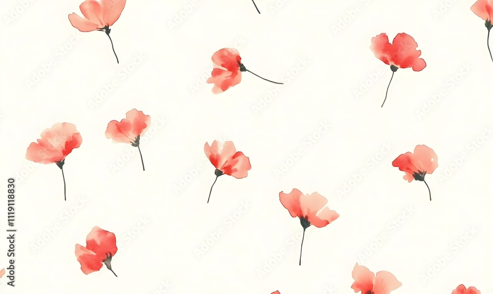 A watercolor featuring small red flowers in soft pastel colors A watercolor featuring small red flowers in soft pastel colors
