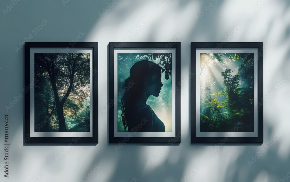 Fototapeta premium Three elegant portrait frames hang on a white wall, each featuring a photorealistic, high-resolution image: a woman in profile, a tree, and a lush forest landscape. 