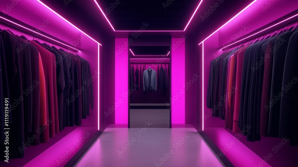 Stylish Fashion Corridor Featuring Elegant Garments Illuminated by Vibrant Pink LED Lights, Modern Interior Design and Contemporary Aesthetic Appeal in a Clothing Display Setting Stylish Fashion Corridor Featuring Elegant Garments Illuminated by Vibrant Pink LED Lights, Modern Interior Design and Contemporary Aesthetic Appeal in a Clothing Display Setting