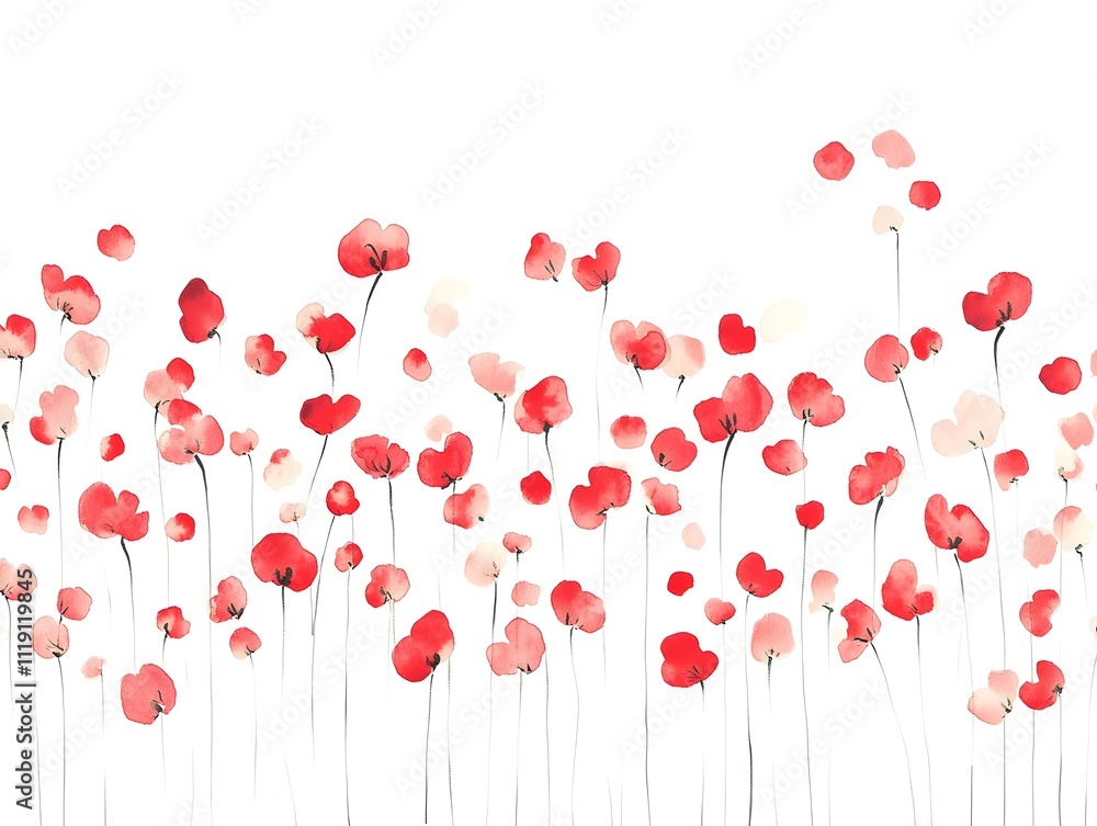 A watercolor featuring small red flowers in soft pastel colors A watercolor featuring small red flowers in soft pastel colors