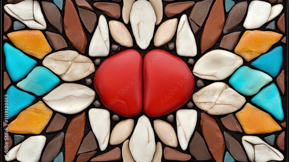 Abstract Stone Mosaic Artwork Red Beige Teal Brown Abstract Stone Mosaic Artwork Red Beige Teal Brown