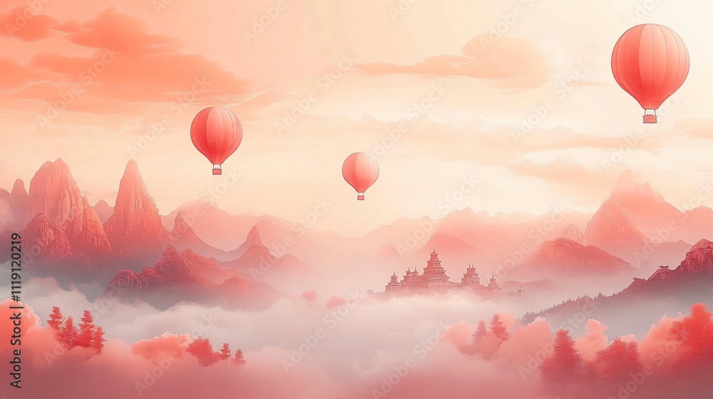 Obraz premium A serene illustration of hot air balloons in a pastel sky, perfect for design projects for New Year celebrations, carnivals, or nature-themed promotions.
