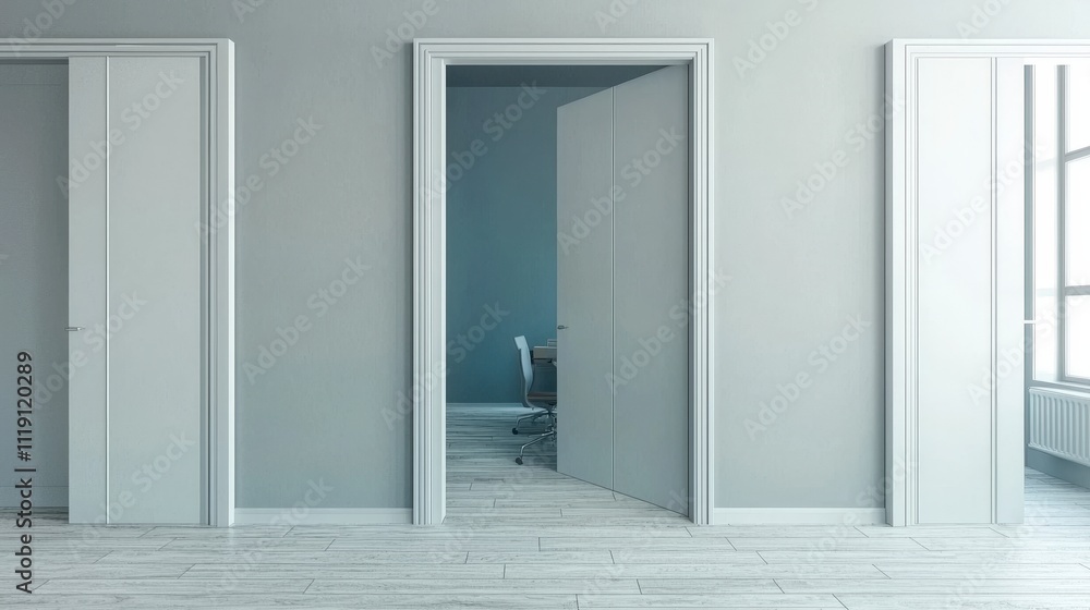 Fototapeta premium Modern Minimalist Office Interior Gray Walls White Doors Open Space